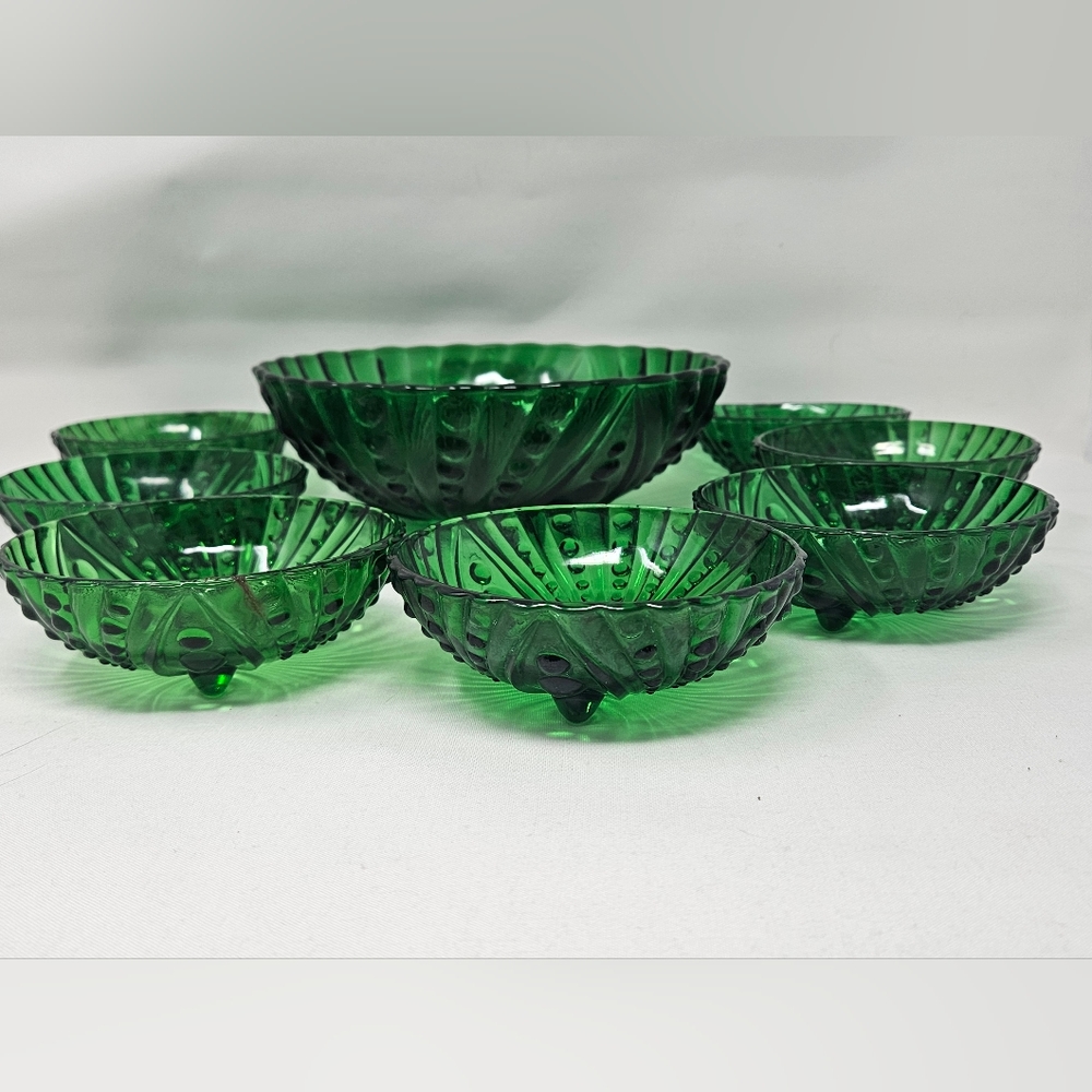 ANCHOR HOCKING Oyster & Pearl emerald salad set vintage 1950's - Picture 2 of 11